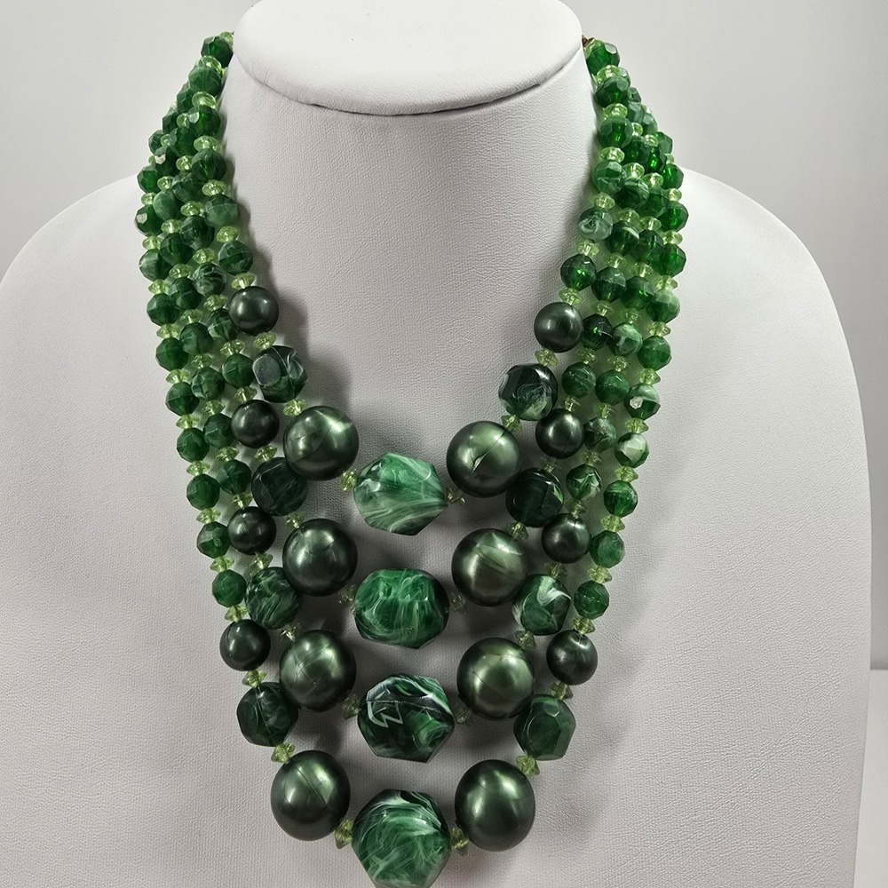 Vintage Green Multi Strand Beaded Statement Necklace Graduated Tiered Marbled - Picture 7 of 10